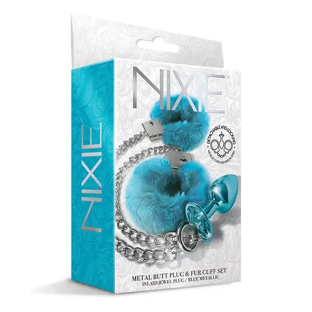 Anal Nixie Metal Butt Plug Furry Handcuff Set MediumBlue Metallic Global Novelties LLC Anal Nixie Metal Butt Plug Furry Handcuff Set MediumBlue Metallic Global Novelties LLC