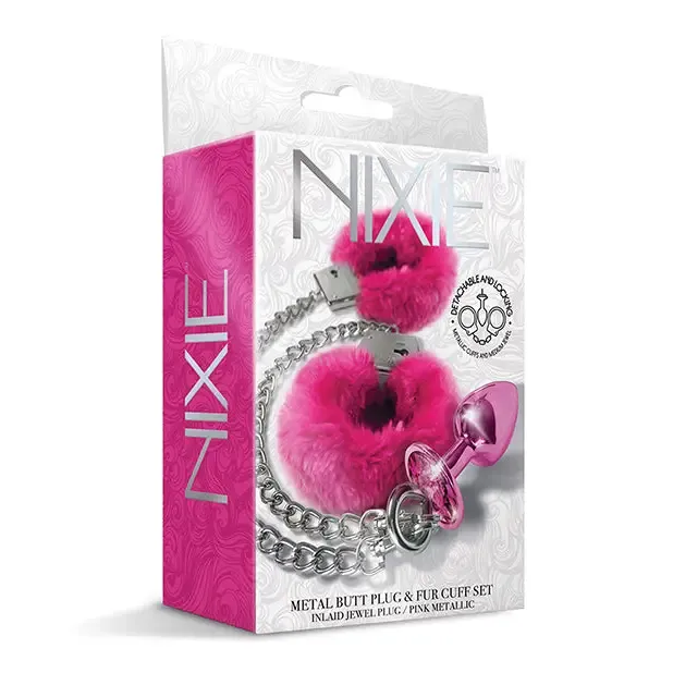 Anal Nixie Metal Butt Plug Furry Handcuff Set MediumBlue Metallic Global Novelties LLC Anal Nixie Metal Butt Plug Furry Handcuff Set MediumBlue Metallic Global Novelties LLC