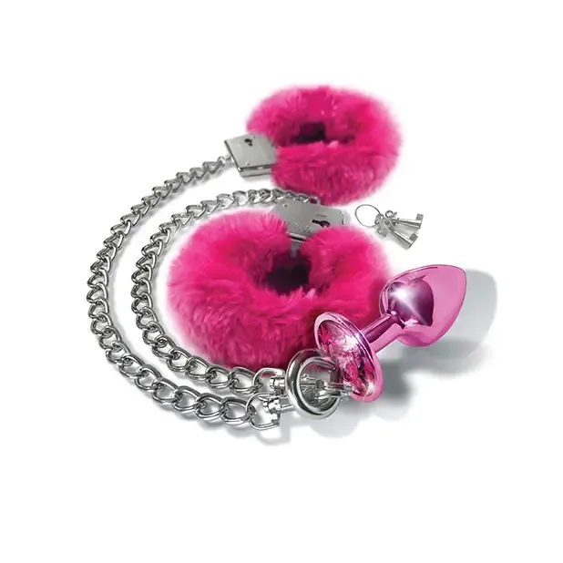Anal Nixie Metal Butt Plug Furry Handcuff Set MediumBlue Metallic Global Novelties LLC Anal Nixie Metal Butt Plug Furry Handcuff Set MediumBlue Metallic Global Novelties LLC