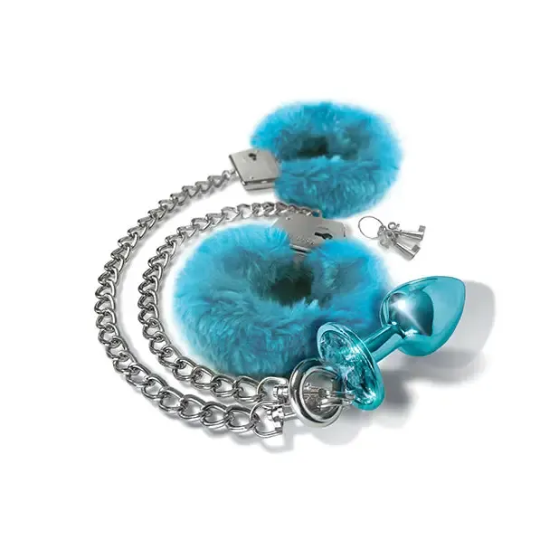 Anal Nixie Metal Butt Plug Furry Handcuff Set MediumBlue Metallic Global Novelties LLC Anal Nixie Metal Butt Plug Furry Handcuff Set MediumBlue Metallic Global Novelties LLC