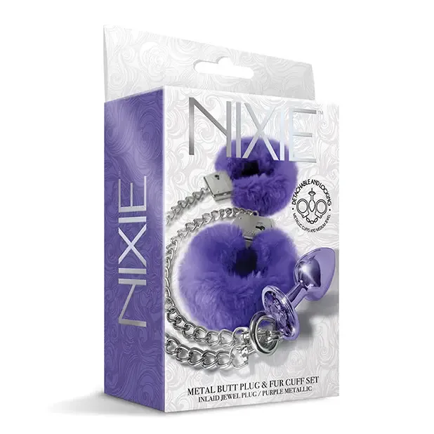 Anal Nixie Metal Butt Plug Furry Handcuff Set MediumBlue Metallic Global Novelties LLC Anal Nixie Metal Butt Plug Furry Handcuff Set MediumBlue Metallic Global Novelties LLC