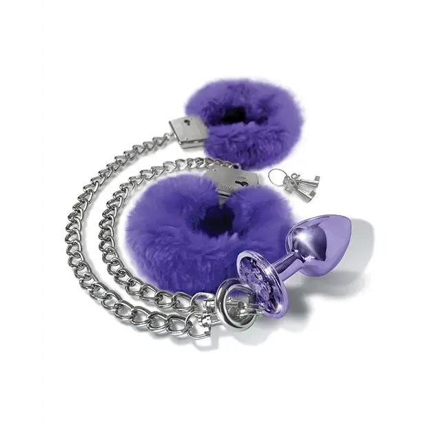 Anal Nixie Metal Butt Plug Furry Handcuff Set MediumBlue Metallic Global Novelties LLC Anal Nixie Metal Butt Plug Furry Handcuff Set MediumBlue Metallic Global Novelties LLC