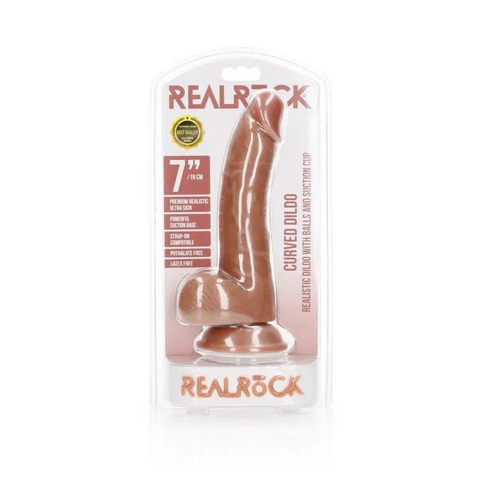 Dildos Shots Real Rock Realistic Curved Dildo With Balls 7 Inch Tan Shots Toys