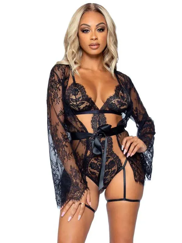 Leg Avenue All Romance Lace Teddy and Robe Set Medium Black Anal