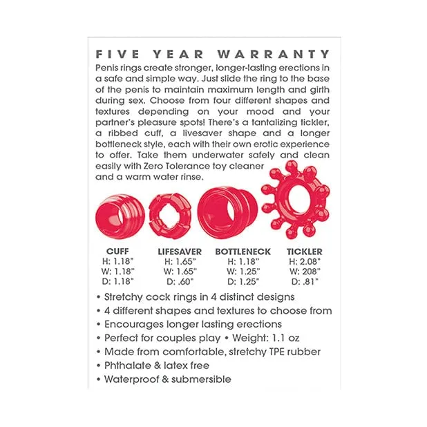 Anal Zero Tolerance Zero Tolerance Ring the Alarm Set of 4 Textured Cock Rings Red Anal Zero Tolerance Zero Tolerance Ring the Alarm Set of 4 Textured Cock Rings Red