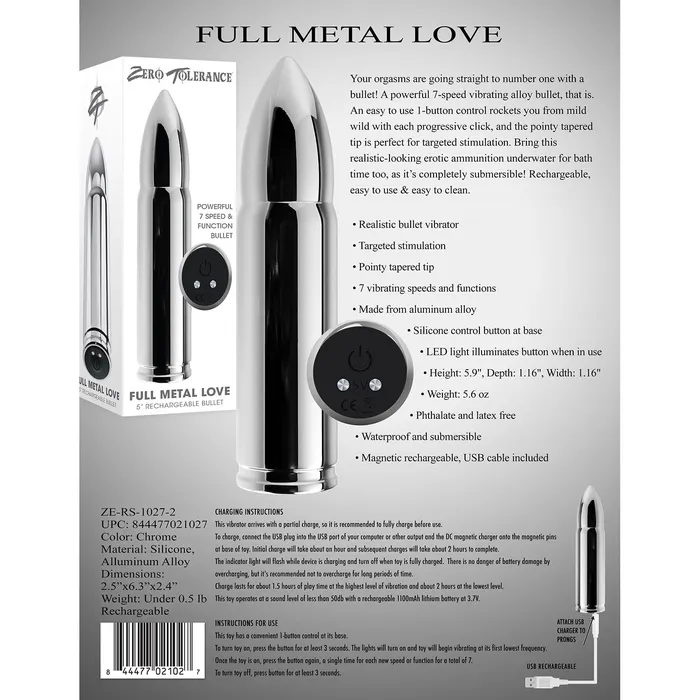 Female Sex Toys Zero Tolerance Zero Tolerance Full Metal Love Rechargeable Bullet Vibrator Silver
