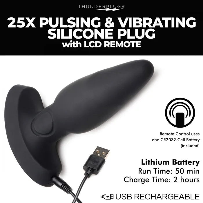 Thunderplugs 25X Pulsing Vibrating Silicone Plug w LCD Remote Anal