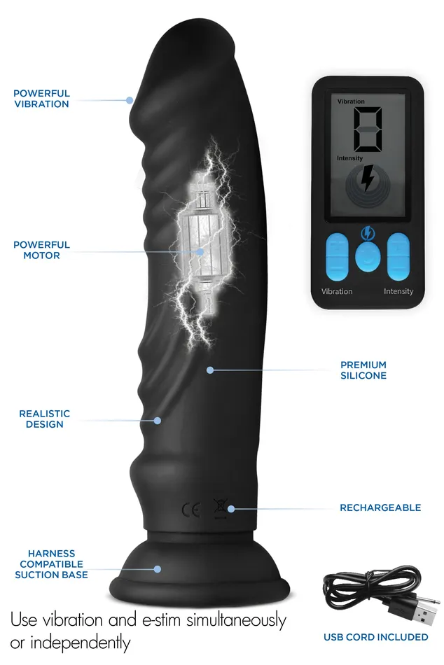 Female Sex Toys EStim and Vibrating Dildo With Remote Black XR Brands Zeus Electrosex Female Sex Toys EStim and Vibrating Dildo With Remote Black XR Brands Zeus Electrosex