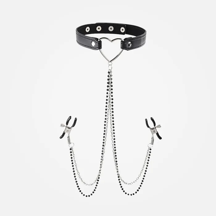 Couples Sex Mischief Amor Black Collar with Nipple Clamps Chain Sportsheets