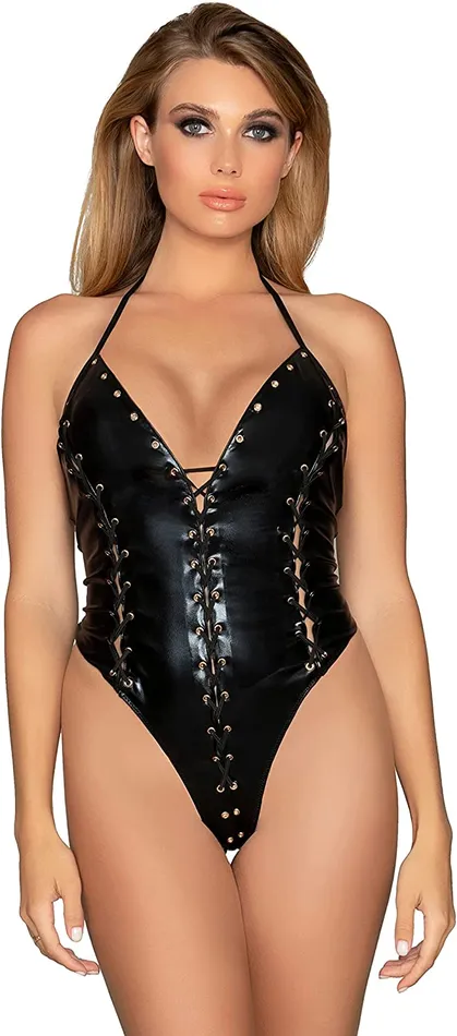 Stretch FauxLeather Halter Teddy with Gold Metal Grommet LaceUp Detail dreamgirl Couples Stretch FauxLeather Halter Teddy with Gold Metal Grommet LaceUp Detail dreamgirl Couples