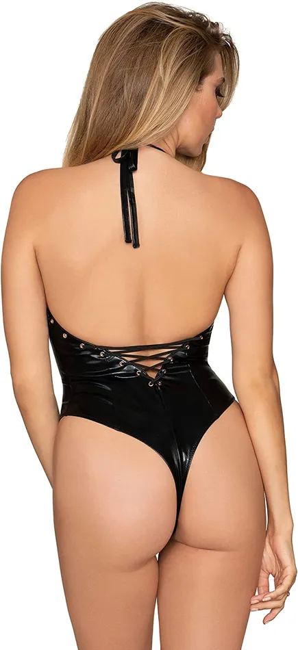 Stretch FauxLeather Halter Teddy with Gold Metal Grommet LaceUp Detail dreamgirl Couples