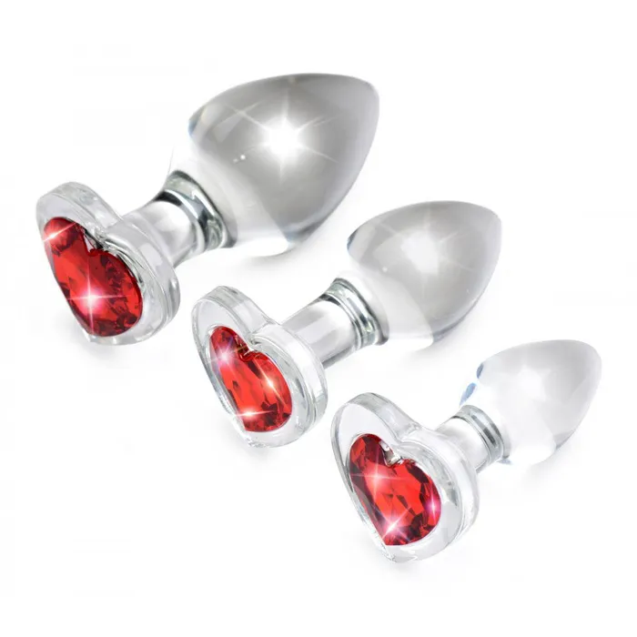 Anal Booty Sparks Red Heart Gem Glass Anal Plug Set