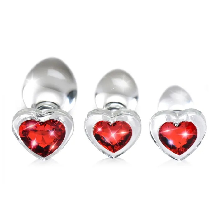 Anal Booty Sparks Red Heart Gem Glass Anal Plug Set