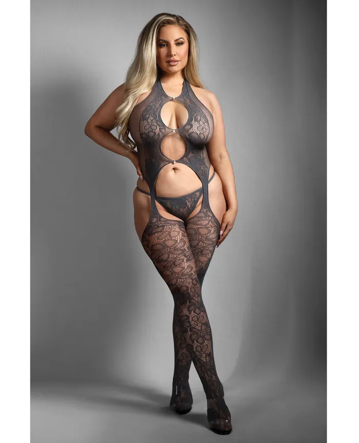 Bodystockings Playsuits Sheer Fantasy Sheer Worth The Wait Floral Fishnet Bodystocking wGString Grey QN