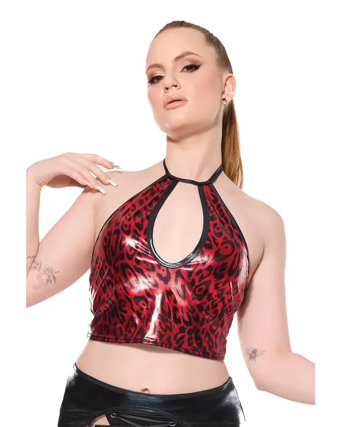 Darque Darque Metallic Wet Look Keyhole Halter Top RedBlack XL Vibrators