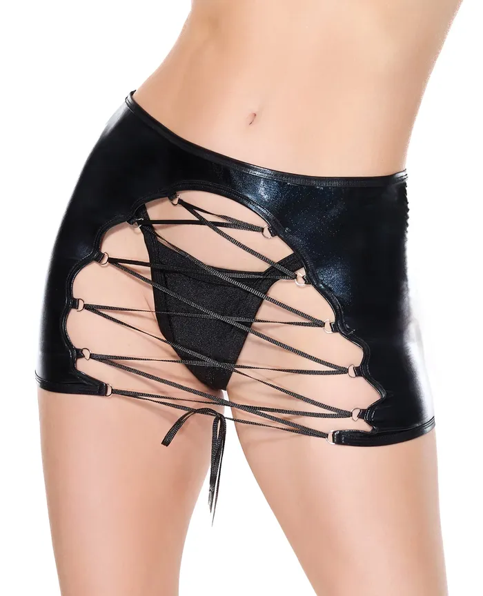 Darque Wet Look Reversible Lace Up Skirt Black MD Darque Anal