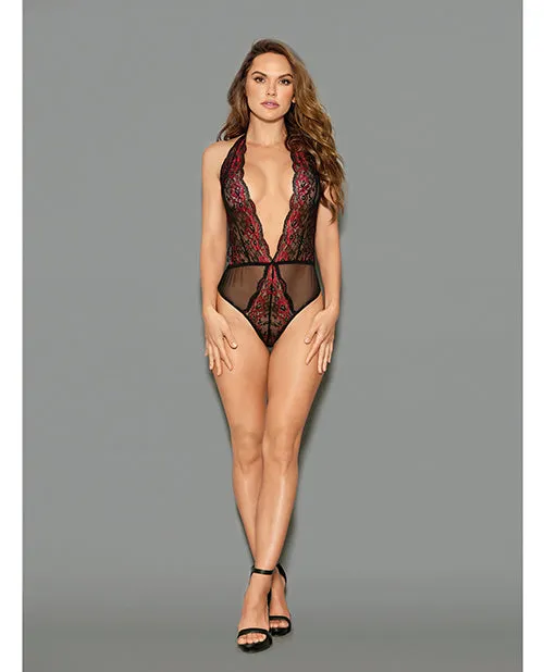 Euphoria Two Tone Lace Halter Crotch Closure Teddy BlkRed OS Euphoria Vibrators