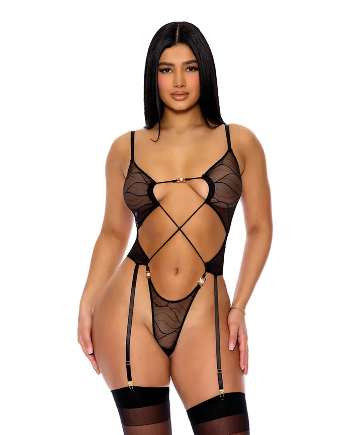 FORPLAY Anal Pull My Strings Sheer Mesh Teddy wGarters Faux Pearl Details Black MD FORPLAY Anal Pull My Strings Sheer Mesh Teddy wGarters Faux Pearl Details Black MD