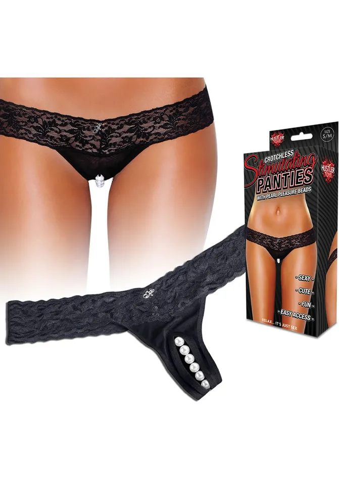 Hustler Toys Anal Hustler Toys Crotchless Stimulating Panties Thong with Pearl Pleasure Beads Black SmallMedium