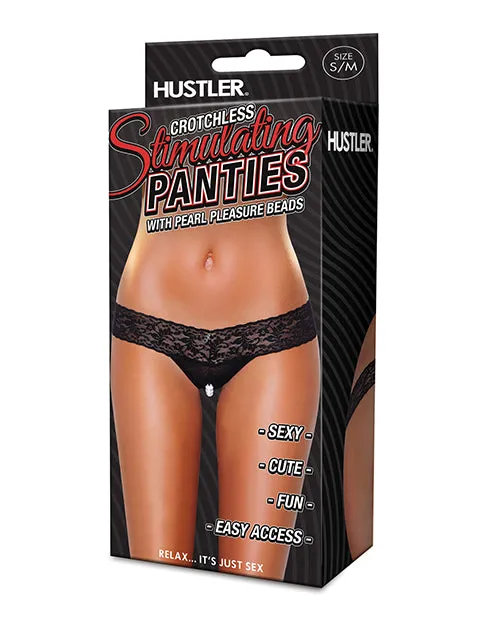 Hustler Toys Anal Hustler Toys Crotchless Stimulating Panties Thong with Pearl Pleasure Beads Black SmallMedium