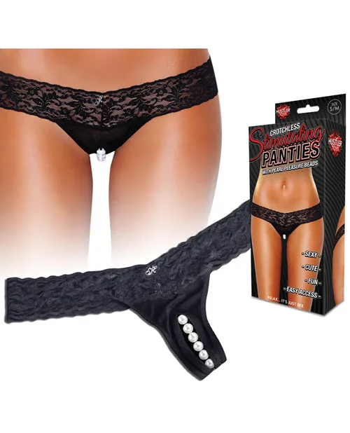 Hustler Toys Anal Hustler Toys Crotchless Stimulating Panties Thong with Pearl Pleasure Beads Black SmallMedium