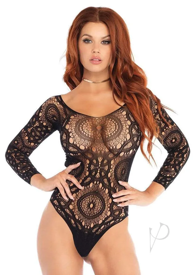 Leg Avenue Teddies And Bodies Leg Avenue Crochet Lace Long Sleeved Snap Crotch Thong Back Bodysuit SM Black