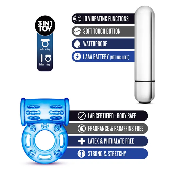 Male Sex Toys Blush Novelties Stay Hard Blue Vibrating Bull Cock Ring