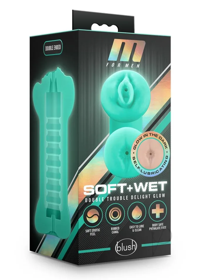 Male Sex Toys M for Men Soft and Wet Double Trouble Glow In The Dark Masturbator TurquoiseVanilla M For Men Male Sex Toys M for Men Soft and Wet Double Trouble Glow In The Dark Masturbator TurquoiseVanilla M For Men