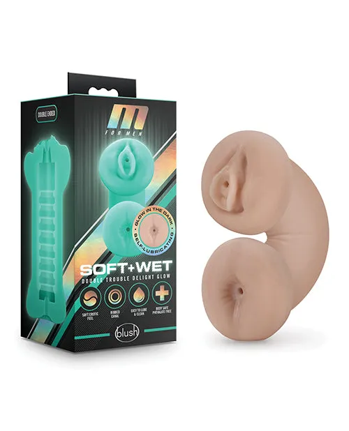 Male Sex Toys M for Men Soft and Wet Double Trouble Glow In The Dark Masturbator TurquoiseVanilla M For Men