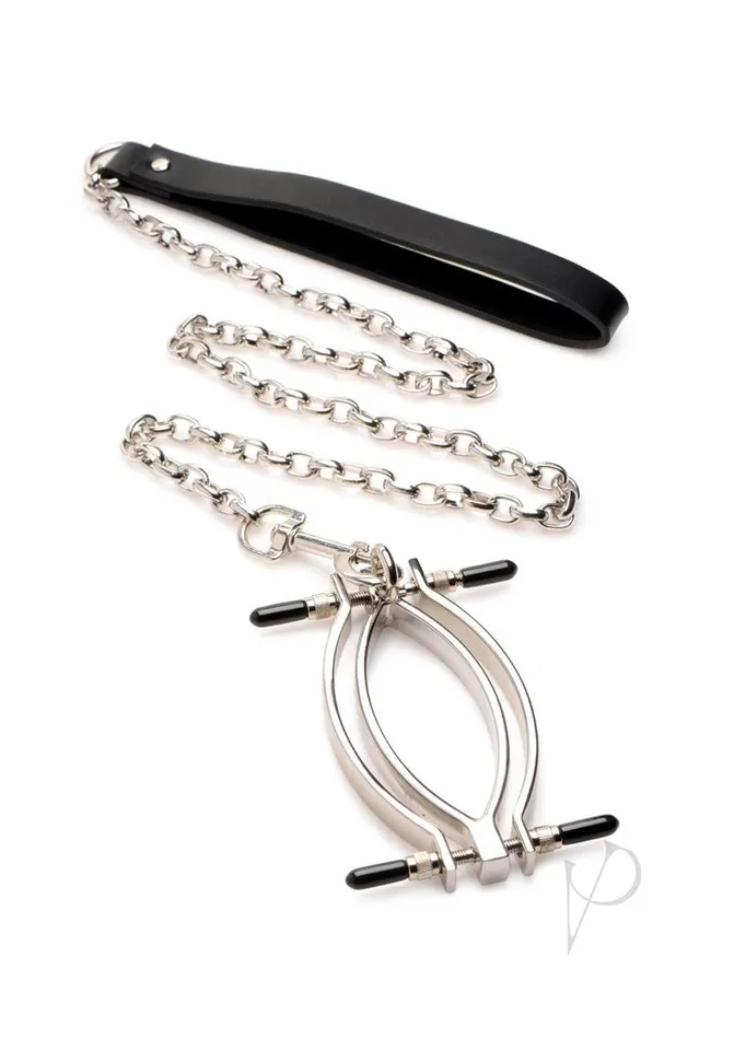 Male Sex Toys Master Series Pussy Tugger Adjustable Pussy Clamp with Leash Silver Master Series