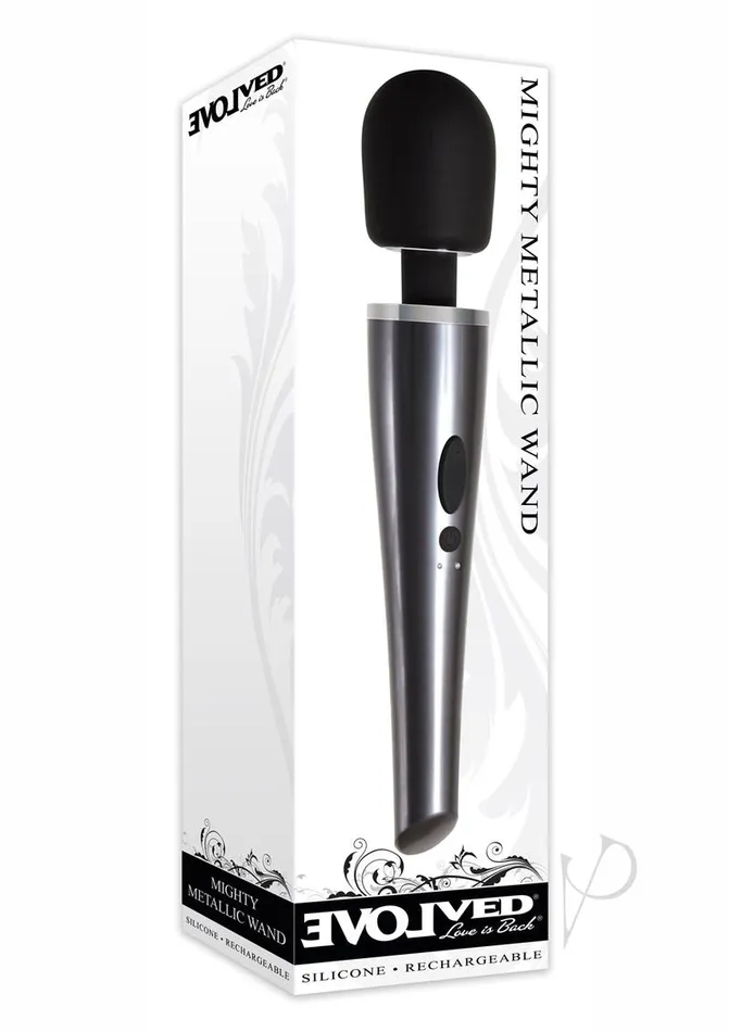 Mighty Metallic Wand Rechargeable Silicone Body Massager Black Evolved Female Sex Toys Mighty Metallic Wand Rechargeable Silicone Body Massager Black Evolved Female Sex Toys