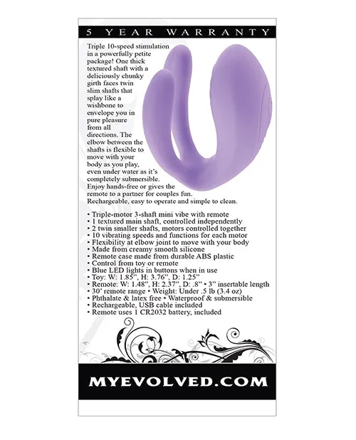 Petite Tickler Rechargeable Silicone Triple Stimulating Mini Vibrator with Remote Control Lavender Evolved Female Sex Toys