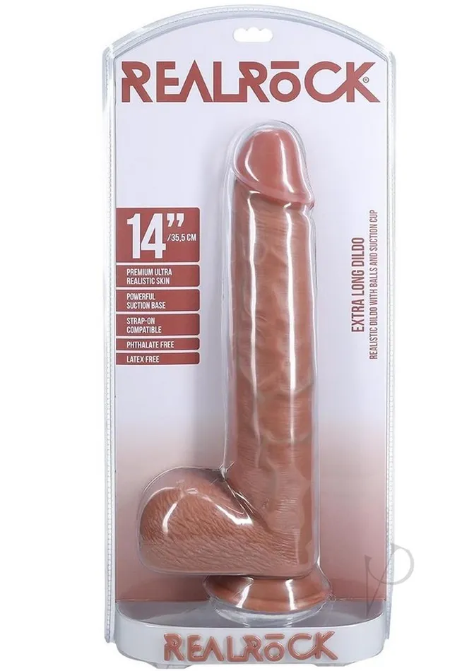 RealRock Ultra Realistic Skin Extra Large Straight Dildo with Balls and Suction Cup 14in Caramel Real Rock Female Sex Toys RealRock Ultra Realistic Skin Extra Large Straight Dildo with Balls and Suction Cup 14in Caramel Real Rock Female Sex Toys