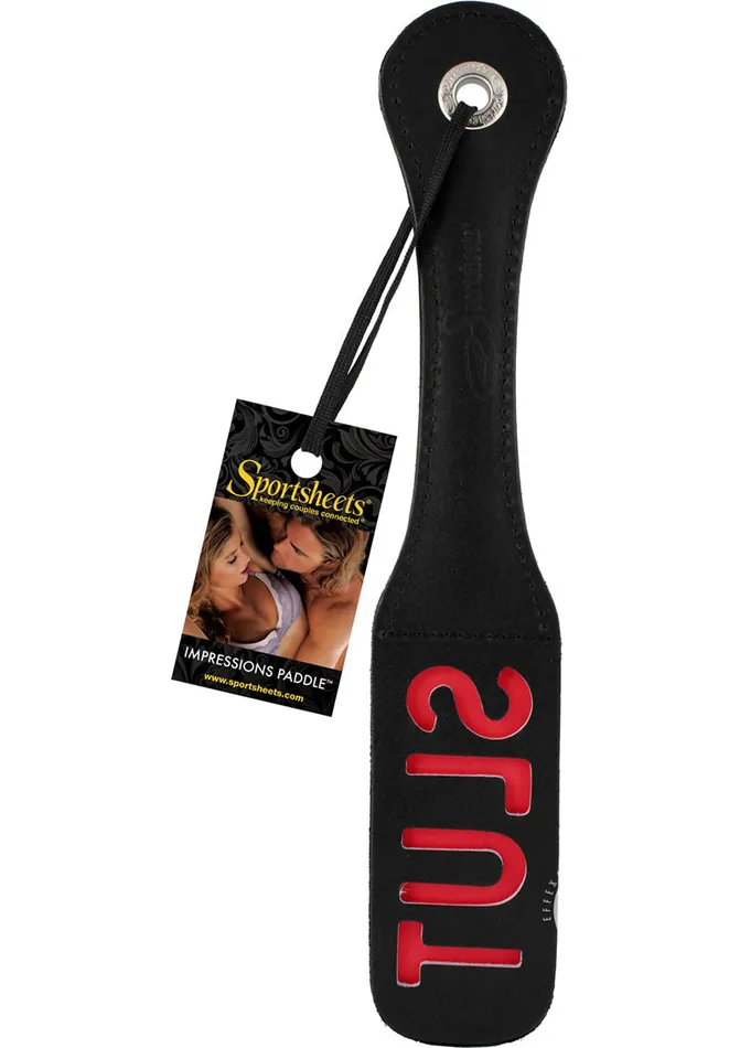 Restraints Sportsheets Leather Slut Impression Paddle 12in Black Sportsheets