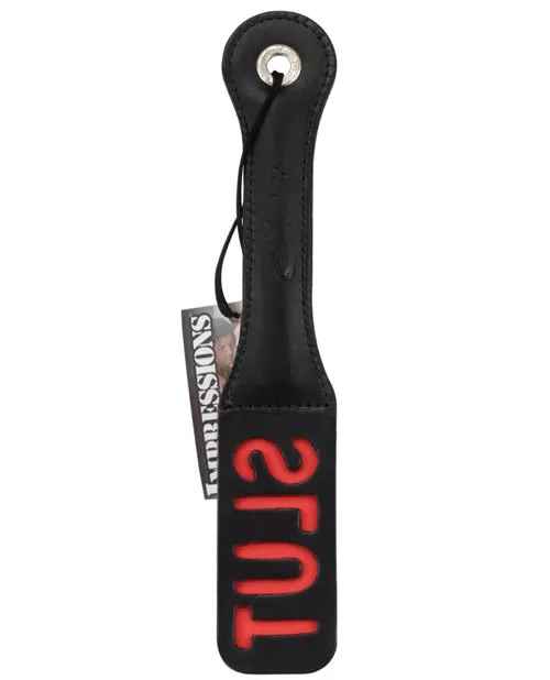 Restraints Sportsheets Leather Slut Impression Paddle 12in Black Sportsheets