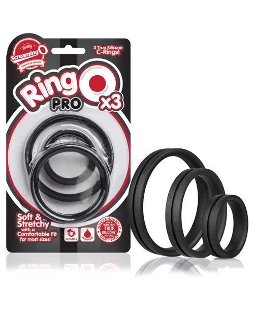 RingO Pro x3 Silicone Cock Rings Set Waterproof Black 3 piece pack Ring O Male Sex Toys