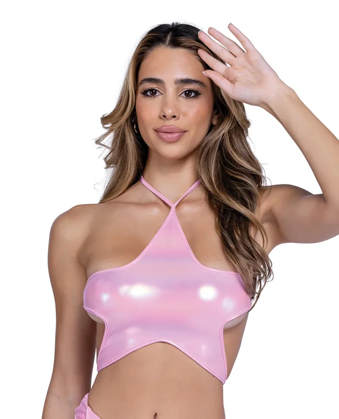 Roma Confidential Vibrators Metallic Iridescent Star Tie Top Pink MD