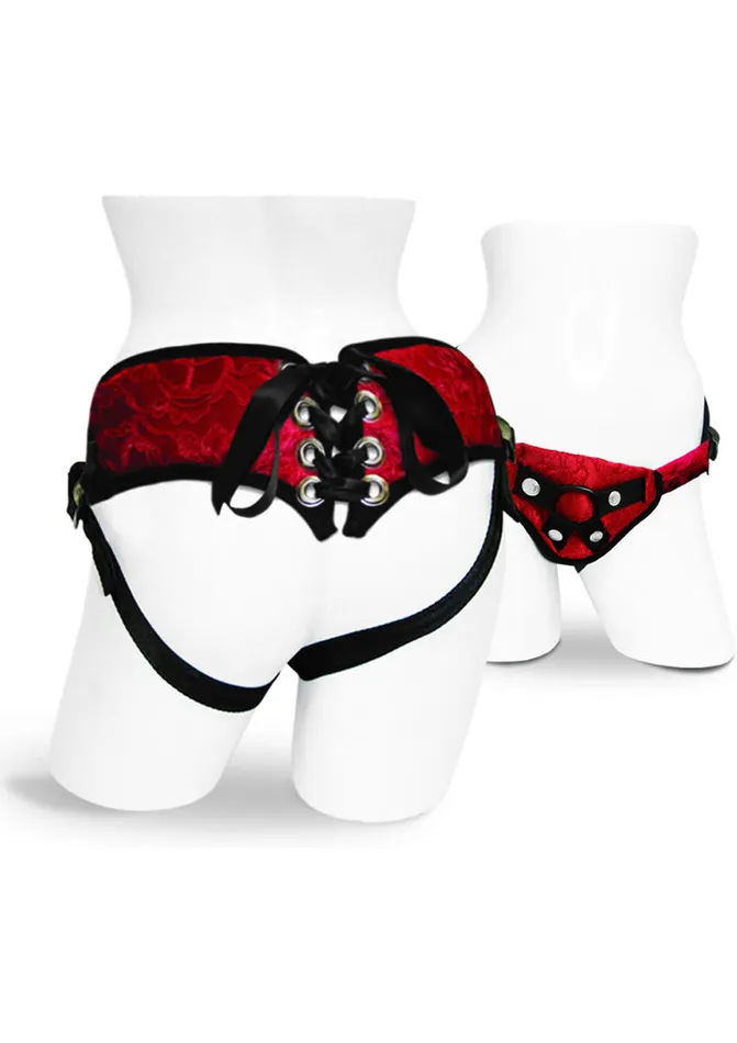 Sportsheets Female Sex Toys Sportsheets Sunrice Lace Corsette StrapOn Adjustable Harness RedBlack