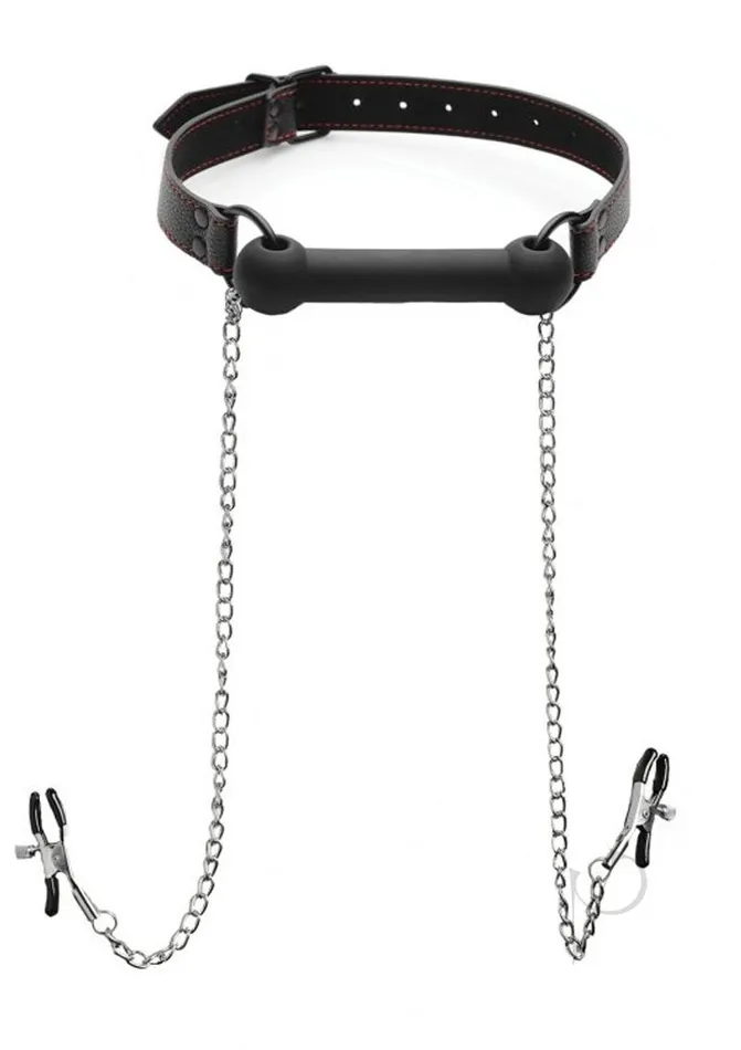 Strict Anal Strict Black Silicone Bit Gag with Nipple Clamps Black