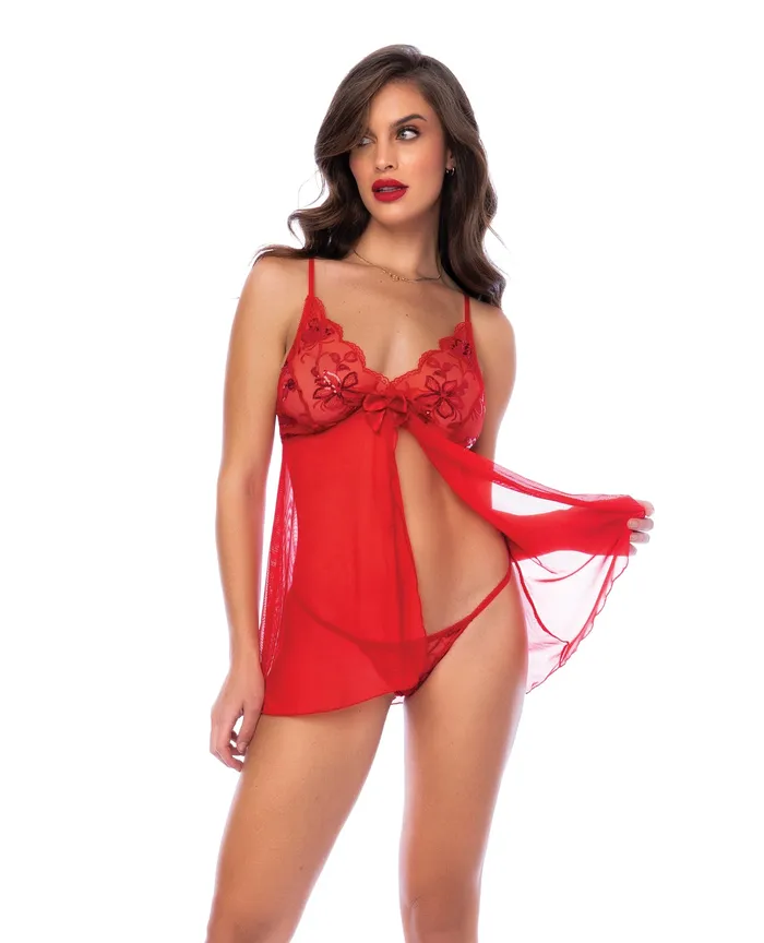 Vibrators Mapale Sequin Embellished Babydoll wGString Red LXL
