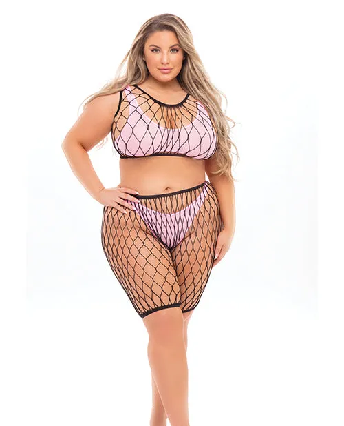 Vibrators Pink Lipstick Pink Lipstick Brace for Impact Large Fishnet Top Shorts Bra Thong Fits up to 3X Pink QN