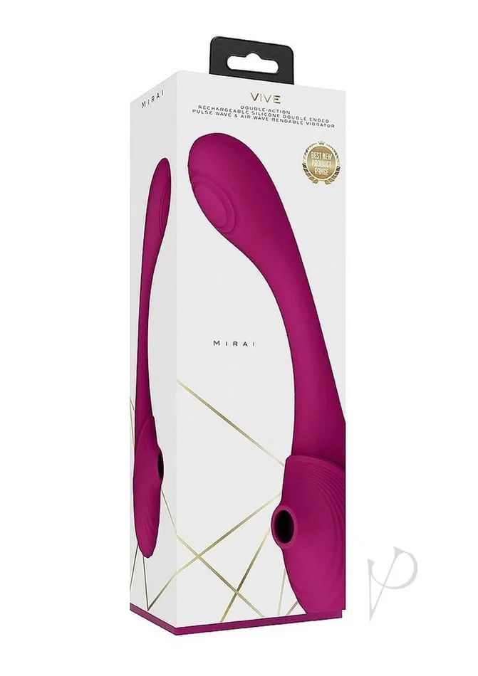Vibrators Vive MIRAI Rechargeable Silicone Dual Motor Double Ended Bendable Pulse and Air Wave Vibrator Pink Vive By Shots